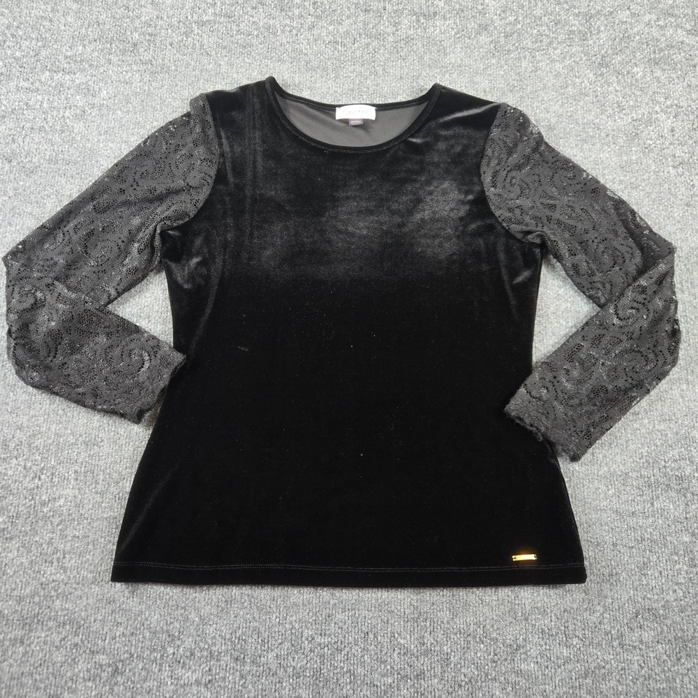 Calvin Klein Velvet Lace Sleeve Top Women Medium Black Crew Neck Blouse